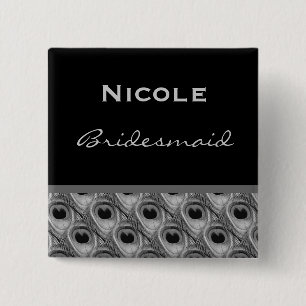 Bridesmaid Silver and Black Peacock Wedding 15 Cm Square Badge