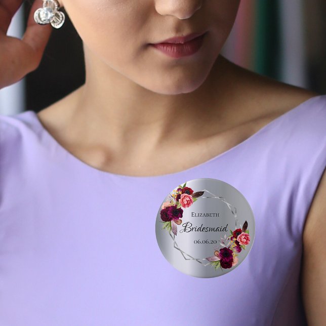 Bridesmaid silver florals burgundy 3 cm round badge (Creator Uploaded)