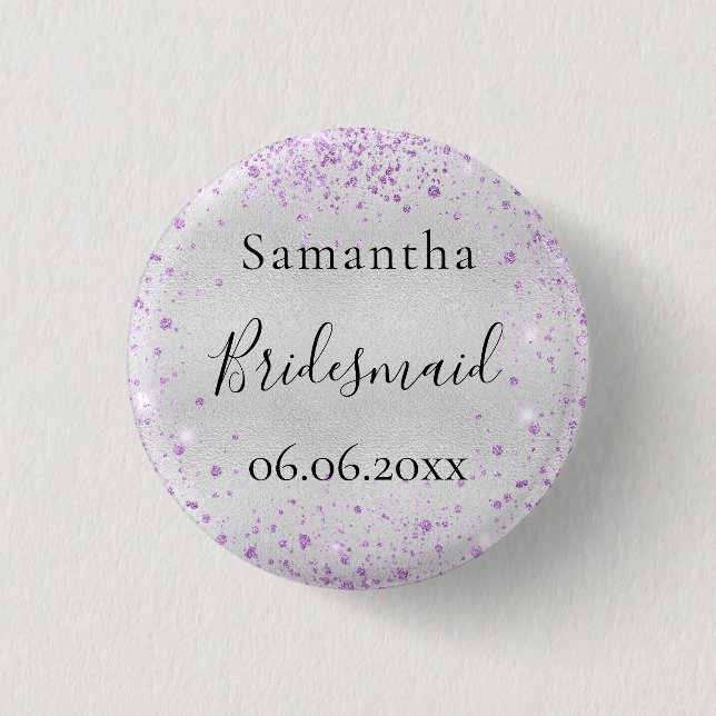 Bridesmaid silver violet sparkle elegant name 3 cm round badge (Front)