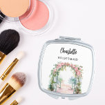 Bridesmaid summer garden wedding compact mirror<br><div class="desc">A romanticc summer garden with pink roses.  Personalise and add your bridesmaid's name.   Black handwritten style script.</div>