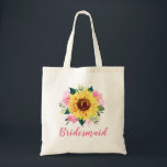 Bridesmaid Sunflower Pink Rose Floral Tote Bag<br><div class="desc">This bridesmaid tote bag features a watercolor sunflower and pink roses design. You can personalise it with a name. Please visit our store or our collection pages for more products featuring this design that you can customise for your needs.</div>