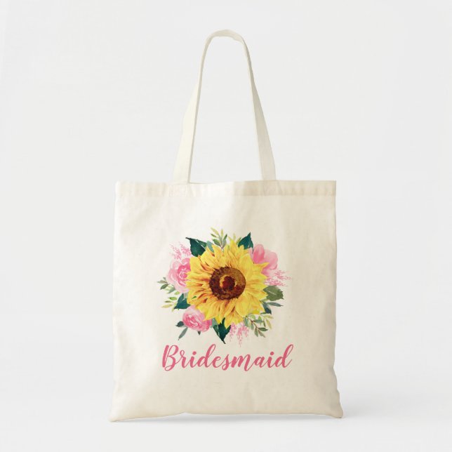Bridesmaid Sunflower Pink Rose Floral Tote Bag (Front)