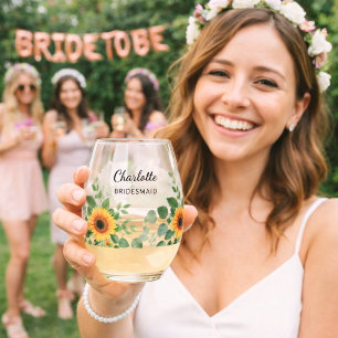 Bridesmaid sunflowers eucalyptus name stemless wine glass
