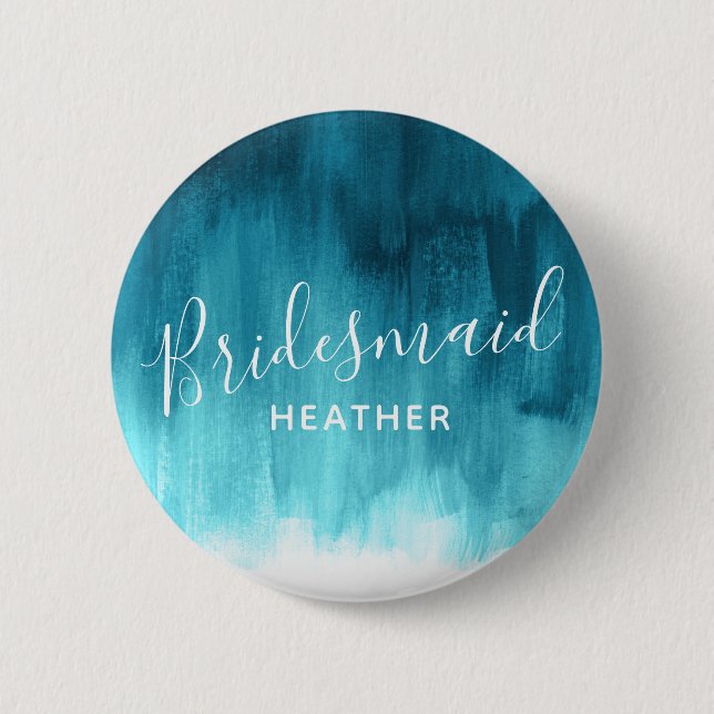Bridesmaid teal aqua abstract art wedding pin (Front)