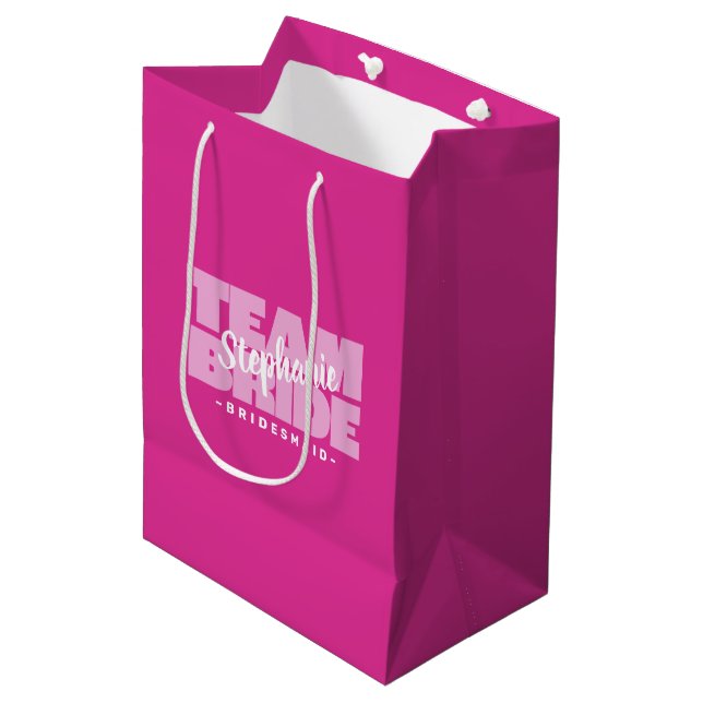 Bridesmaid Team Bride Pink Wedding Custom Name Medium Gift Bag (Front Angled)