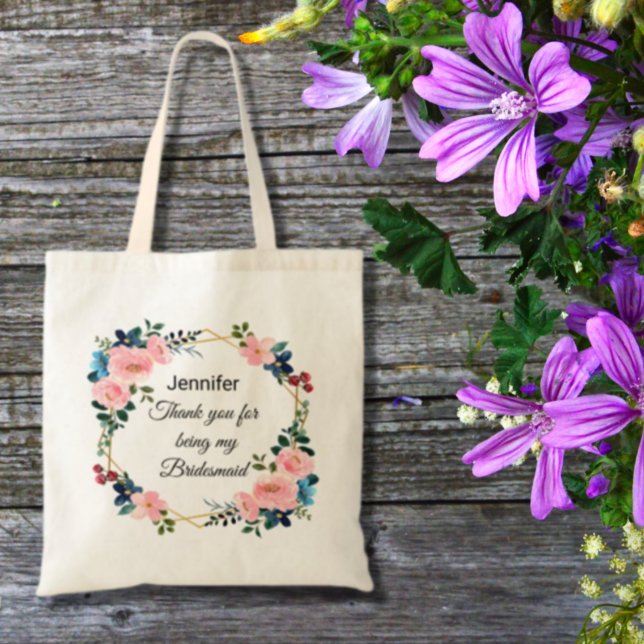  bridesmaid thank you floral wreath chic wedding  tote bag (Creator Uploaded)