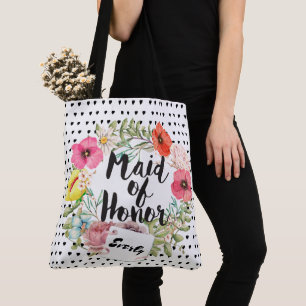 Bridesmaid Typography Watercolor Floral Wreath Tote Bag