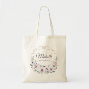 BRIDESMAID Violet Rose Floral Wreath with NAME Tote Bag