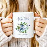 Bridesmaid Watercolor Floral Dusty Blue Wedding Coffee Mug<br><div class="desc">This lovely floral bridesmaid coffee mug features a beautiful watercolor bouquet in shades of blue. Customise it with the maid of honour's name in modern dusty blue calligraphy script above,  and the word "bridesmaid" in dusty blue serif font below.</div>