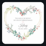 Bridesmaid Watercolor Floral Heart in Pink Design Square Sticker<br><div class="desc">This Floral Watercolor Heart with Leaves in pink sticker design is totally romantic and contemporary, perfect for an actual any type of event. Very simple and delicate design of leaves and flowers on fine lines in the shape of a heart is the sticker that I created for you. Customize it...</div>