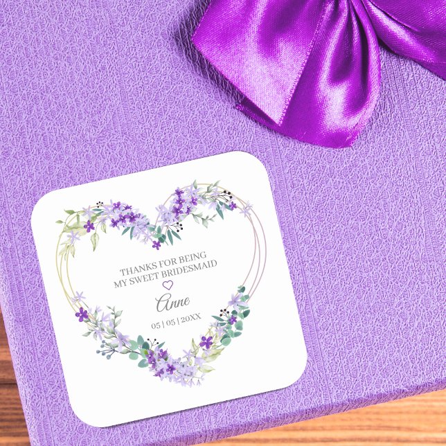 Bridesmaid Watercolor Floral Heart in Purple Square Sticker (Creator Uploaded)