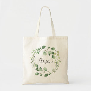 bridesmaid watercolor greenery wreath tote bag