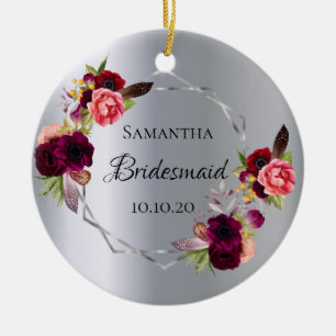 Bridesmaid watercolored florals burgundy silver ceramic ornament