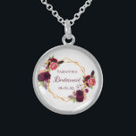 Bridesmaid watercolored florals burgundy sterling silver necklace<br><div class="desc">A trendy bohemian boho style gift for the Bridesmaid. Decorated with watercolored roses in burgundy and pink.  Elegant white background. A faux gold geometric frame. With the text: Bridesmaid written with a hand lettered style script.  Template for the Bridesmaid name name and a date. Burgundy coloured letters.</div>