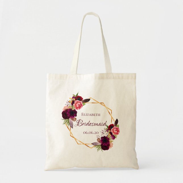 Bridesmaid watercolored florals burgundy tote bag (Front)