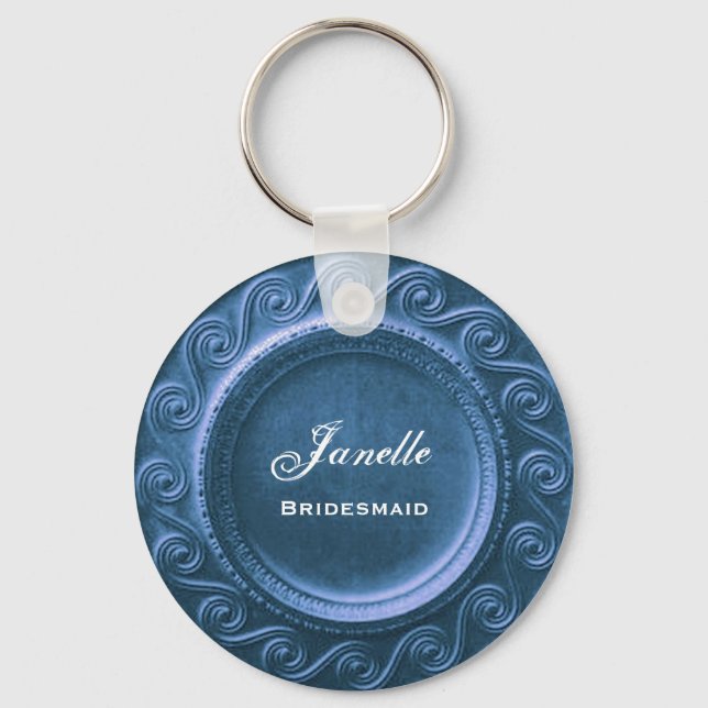 Bridesmaid Wedding Favour Blue Curlicue Frame B035 Key Ring (Front)