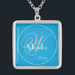 Bridesmaid Wedding Gift Elegant Monogram Script  Silver Plated Necklace<br><div class="desc">Wedding Bridesmaid Gift Elegant Monogram Personalised Name Script Chic Turquoise Blue Silver Plated Necklace. Click personalise this template to customise it with the Bridesmaid's name, and the date quickly and easily. Wedding Bridesmaid Gift Elegant Monogram Script Silver Plated Necklace, is part of the Bridesmaid Gift collection in this store. 30...</div>