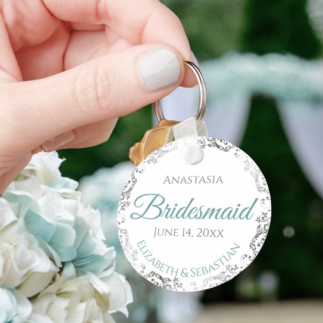 Bridesmaid Wedding Gift Teal & Gray Lacy Key Ring (Creator Uploaded)
