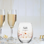 Bridesmaid wildflowers beige pink stemless wine glass<br><div class="desc">Decorated with wildflowers in beige,  cream and pink.  Personalise and add your bridesmaid's name.   Black handwritten style script.</div>