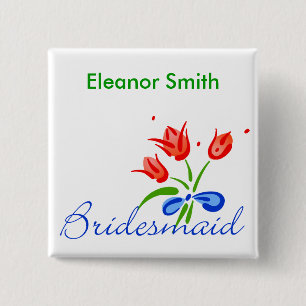 Bridesmaid with red tulips 15 cm square badge