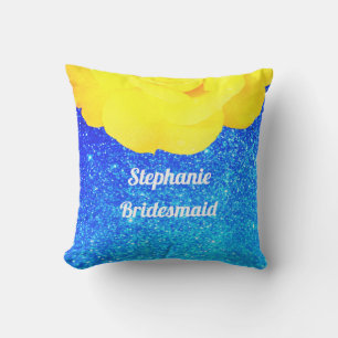 Bridesmaid Yellow Floral Blue Glitter Wedding Cushion
