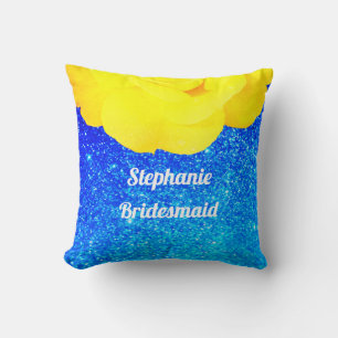 Bridesmaid Yellow Floral Blue Glitter Wedding Cushion