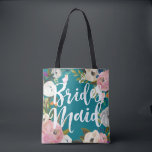Bridesmaids Brushed Floral Wedding Party Tote Bag<br><div class="desc">Custom colour background and all over printing with painted floral edges. Bridesmaid in brush script on one side and name on the back. Customise to change the background colour (turquoise). Black looks amazing too. The gorgeous painted florals are by Create the Cut. Find them on Creative Market https://crmrkt.com/7WdAX, Etsy https://www.etsy.com/shop/CreateTheCut,...</div>