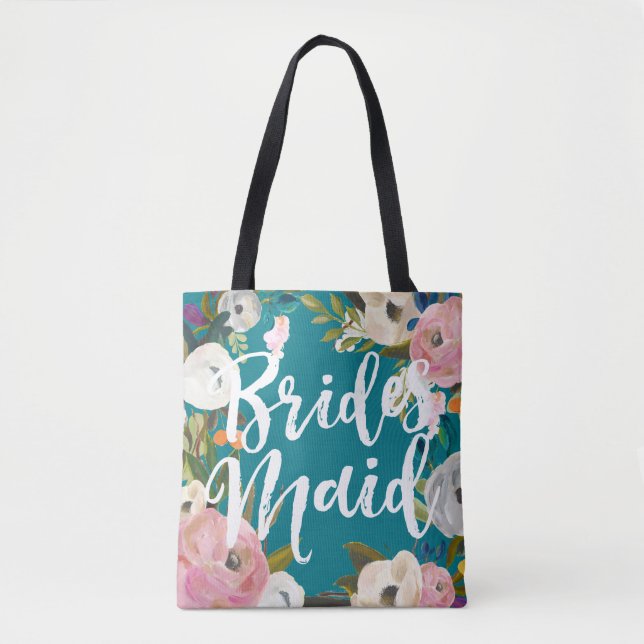 Bridesmaids Brushed Floral Wedding Party Tote Bag (Front)