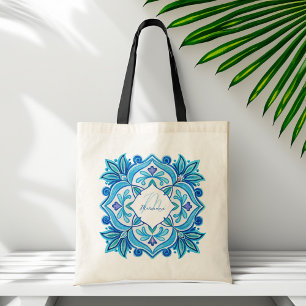 Bridesmaids gifts aqua blue talavera monogrammed tote bag