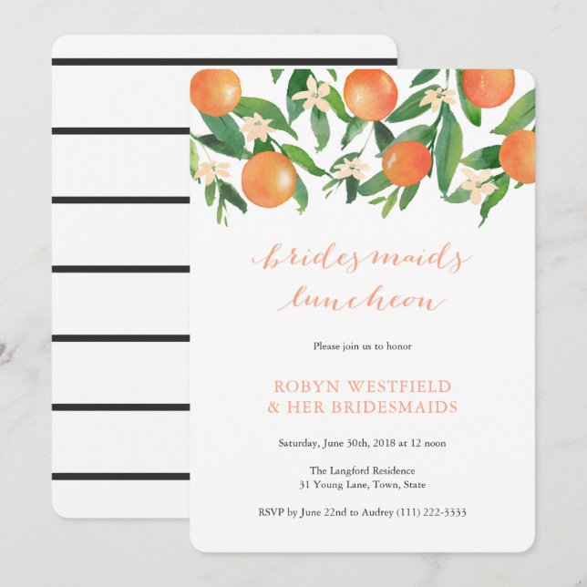 Bridesmaids luncheon in charcoal citrus tangerine invitation (Front/Back)