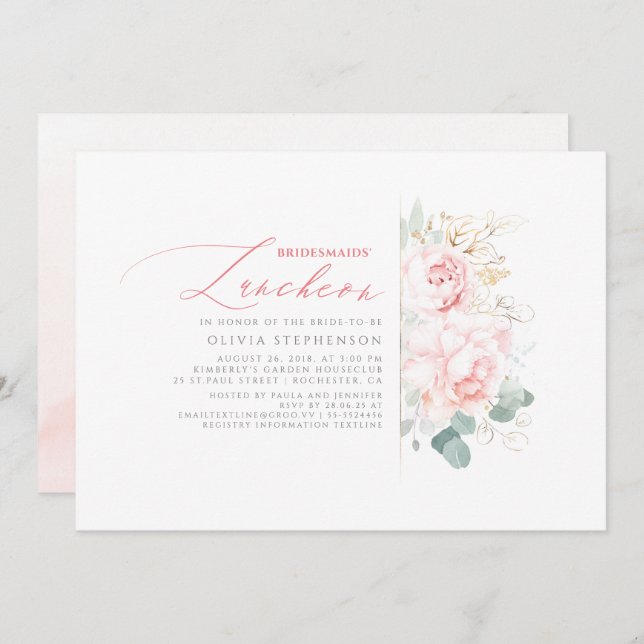Bridesmaids Luncheon Pink Floral Bridal Shower Invitation (Front/Back)