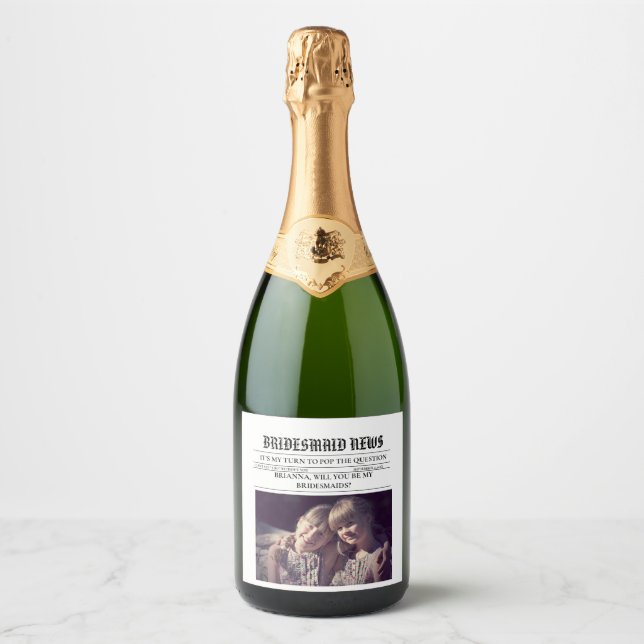 Bridesmais proposal newspaper+Bridesmaid info card Sparkling Wine Label (Front)