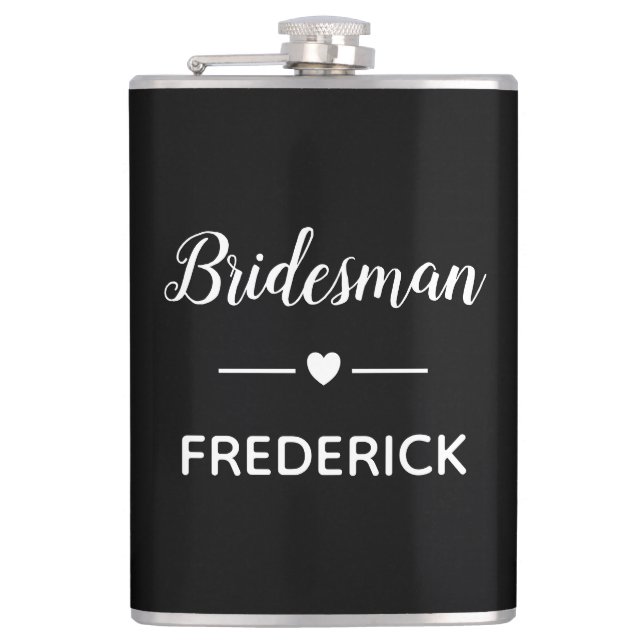 Bridesman White On Black Personalised Wedding Hip Flask (Front)