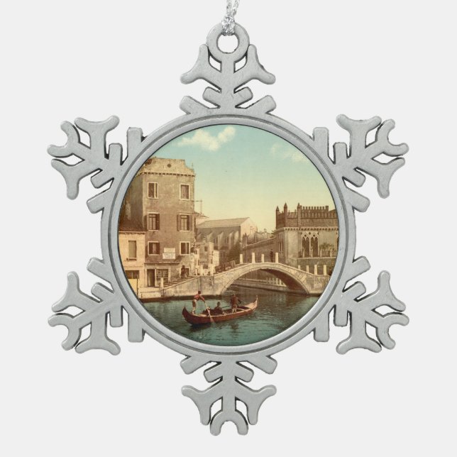 Bridge and Canal, Venice, Italy Snowflake Pewter Christmas Ornament (Front)