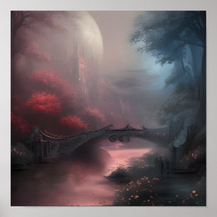 Bridge and Castle on Dark Misty Night Poster
