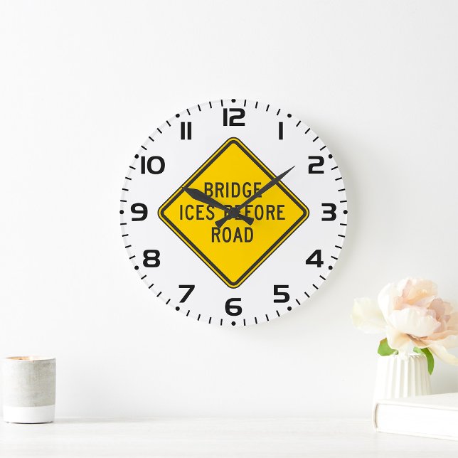 Bridge Ices Before Road Sign Winter Safety  Large Clock (Creator Uploaded)