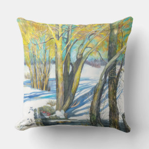 Bridge in the winter Watercolor painting Cushion