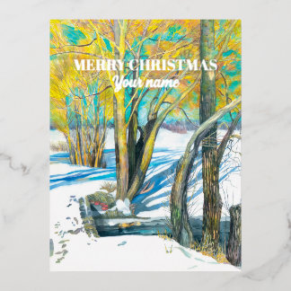 Bridge in the winter  Watercolor painting   Foil Holiday Postcard