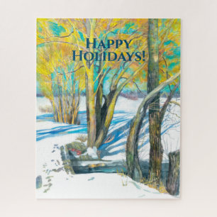 Bridge in the winter Watercolor painting Jigsaw Puzzle