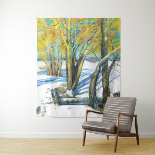 Bridge in the winter Watercolor painting Tapestry