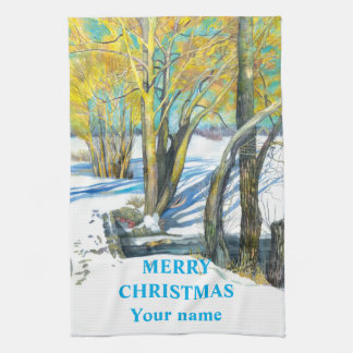 Bridge in the winter  Watercolor painting   Tea Towel