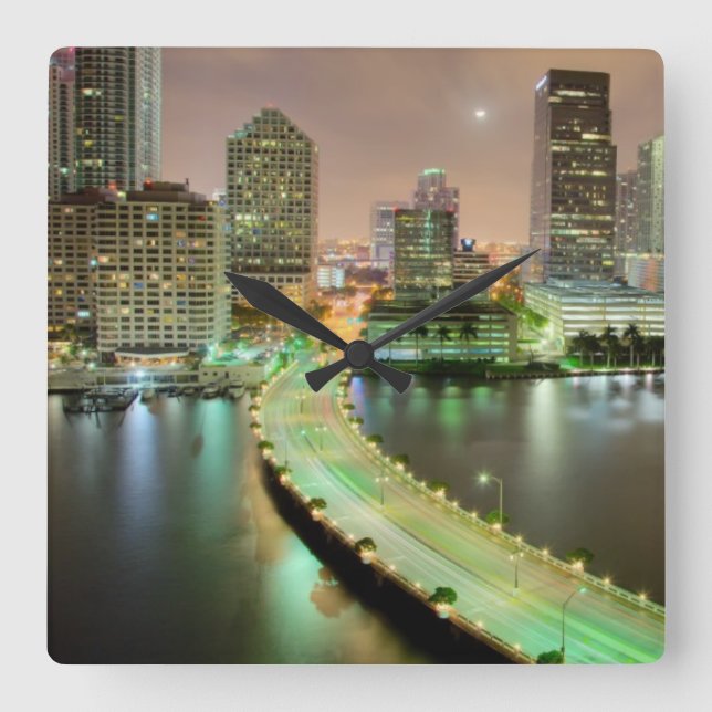 Bridge leads across waterway to downtown Miami Square Wall Clock (Front)
