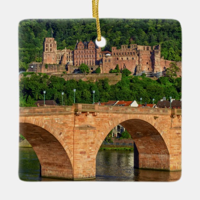 Bridge, Neckar and castle in Heidelberg, Germany Ceramic Ornament (Front)