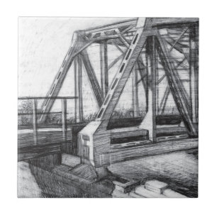 Bridge old pencilart  Monochrome Black & White Ceramic Tile