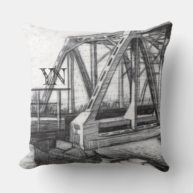 Bridge old pencilart  Monochrome Black & White Cushion (Front)