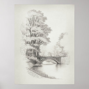 Bridge over River Sketch with big trees, vintage  Poster