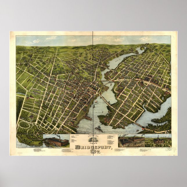 Bridgeport Connecticut 1875 Antique Panoramic Map Poster (Front)
