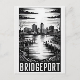 Bridgeport Connecticut Skyline Black White Woodcut Holiday Postcard