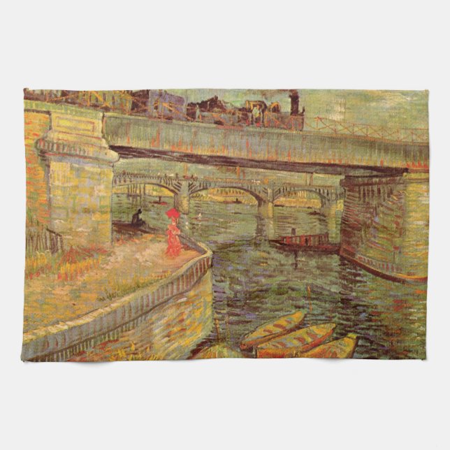 Bridges Across Seine, Asnieres by Vincent van Gogh Tea Towel (Horizontal)