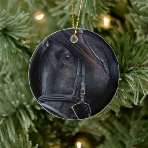 Bridled Black Stallion Face Ceramic Ornament